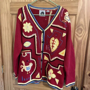 Vintage Storybook Knits Sweater Mola Festival HSN Chickens Size Large Womens Red